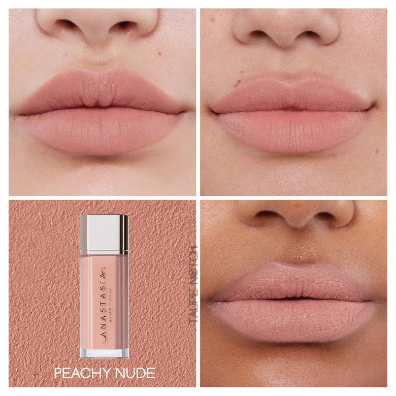 Peachy nude lip velvet mini shade swatches and lip tube on skin