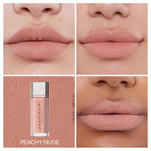 Peachy nude lip velvet mini shade swatches and lip tube on skin