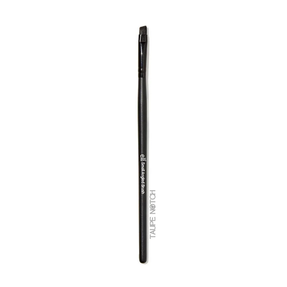 Small angled makeup brush with black handle and tapered bristles