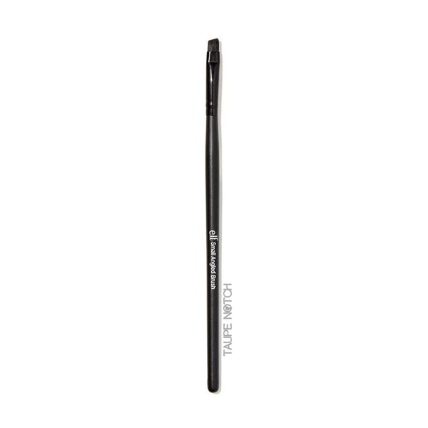 Small angled makeup brush with black handle and tapered bristles