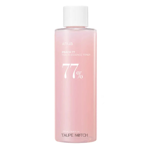 Anua Peach 77 niacin essence toner bottle with white cap, pink translucent bottle.