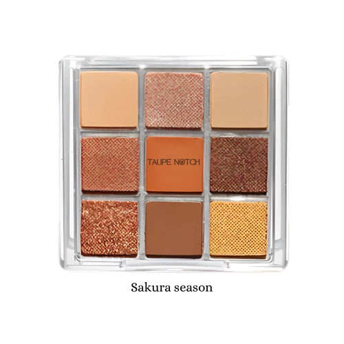 9-pan eyeshadow palette with matte and shimmer shades in taupe, peach, brown, gold