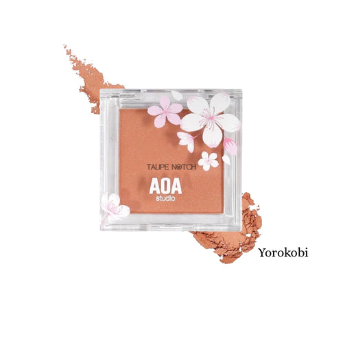 Taupe brown powder blush in clear square compact with cherry blossoms