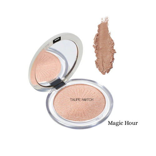 Highlighter compact with Magic Hour pan and peach-pink swatch on the lid