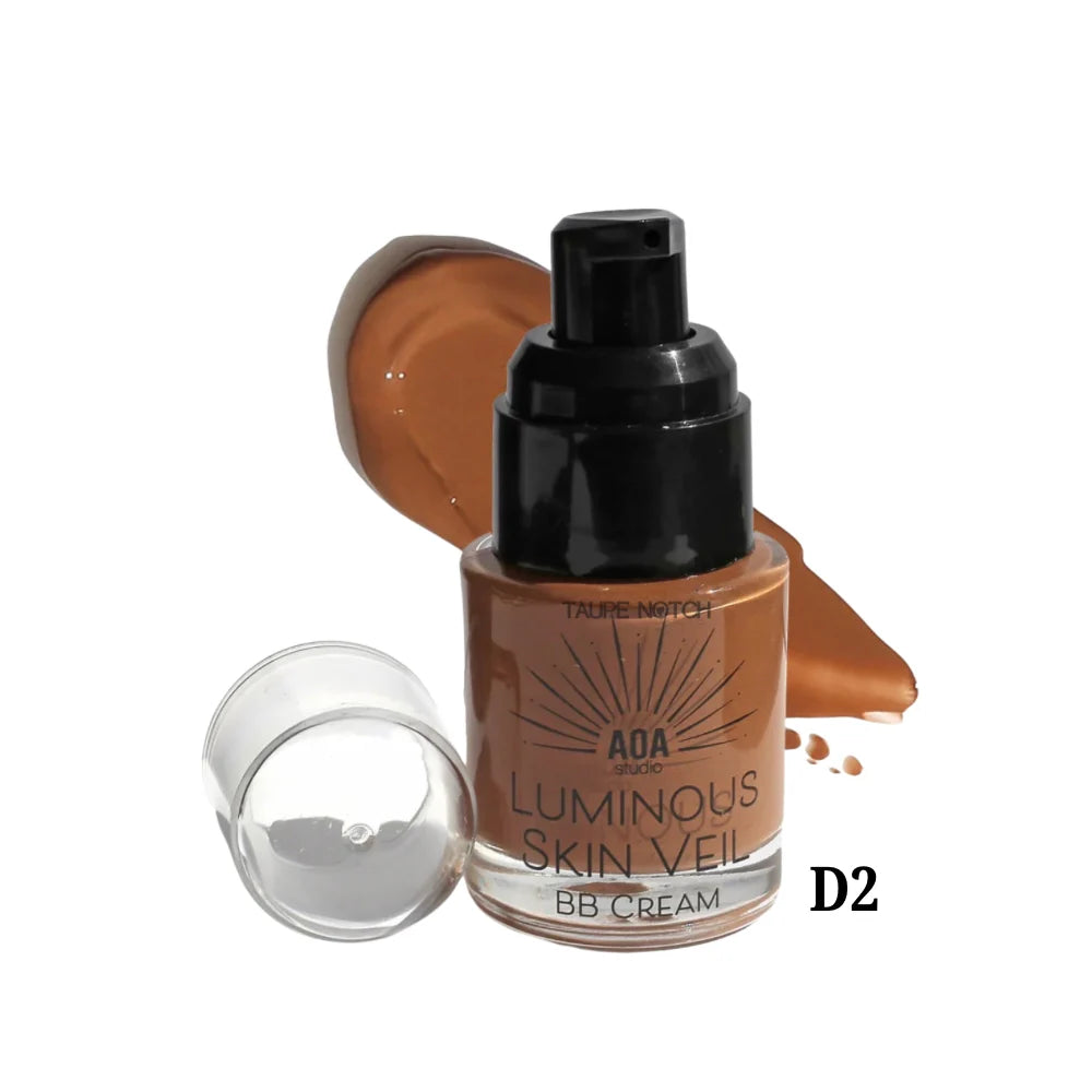 Luminous Skin Veil BB cream bottle with black pump, D2 warm brown swatch and clear cap