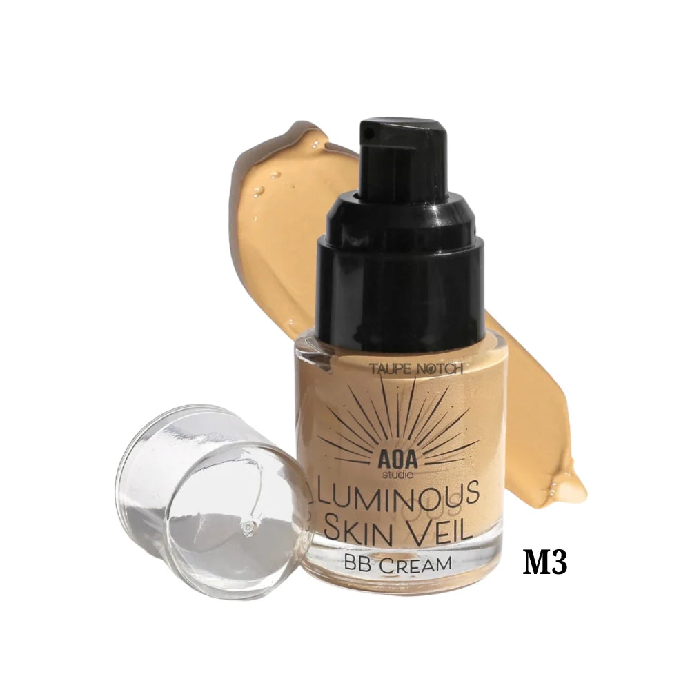 Luminous Skin Veil BB cream bottle with black pump, M3 medium beige swatch and clear cap