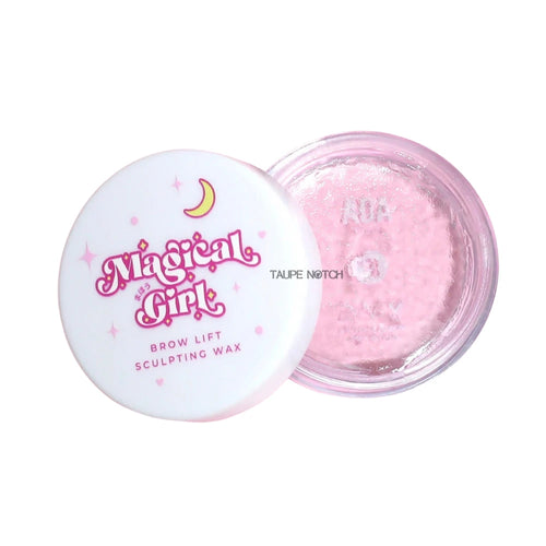 Brow lift sculpting wax jar with pink lid and taupe notch gel interior.
