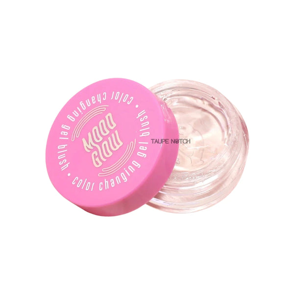 Color-changing gel blush jar with pink lid and clear base