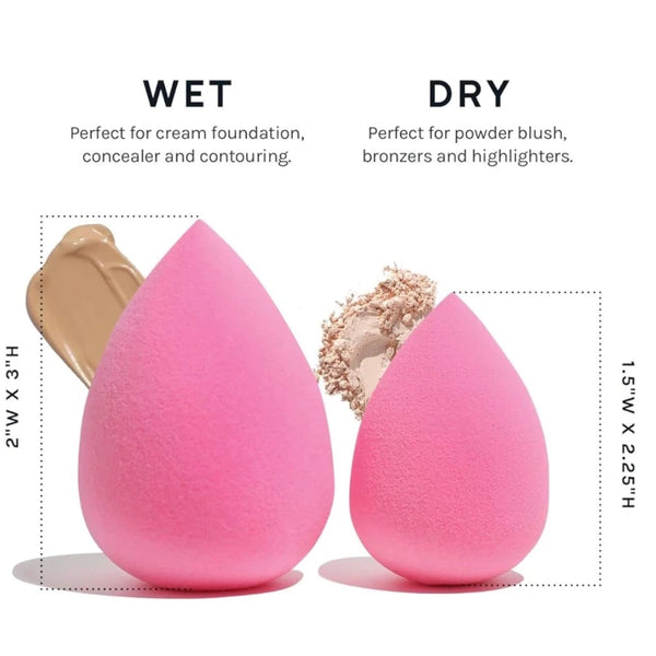 Pink teardrop makeup blender sponges with foundation and powder on tips