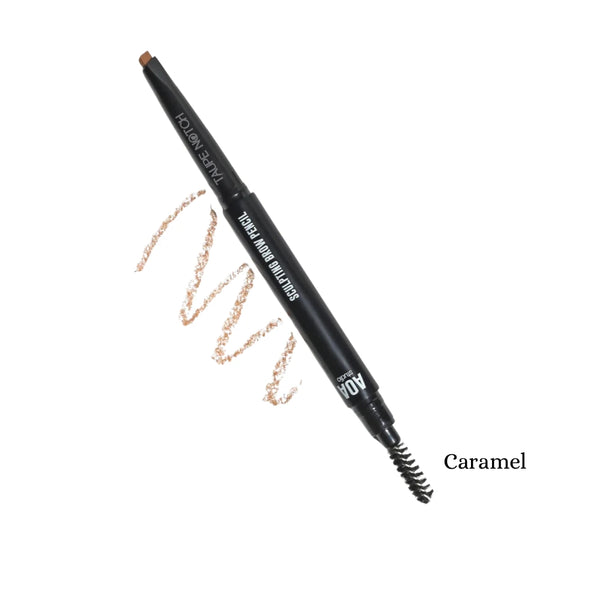 Brow pencil, Caramel shade, with angled tip and spoolie brush; swatch strokes.