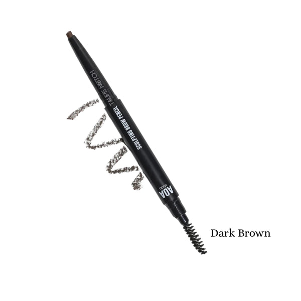 Brow pencil, Dark Brown shade, with angled tip and spoolie brush; swatch strokes.