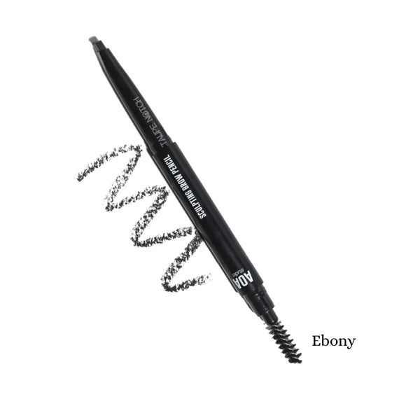 Brow pencil, Ebony shade, with angled tip and spoolie brush; swatch strokes.