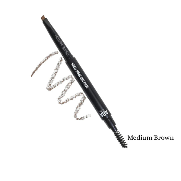 Brow pencil, Medium Brown shade, with angled tip and spoolie brush; swatch strokes.