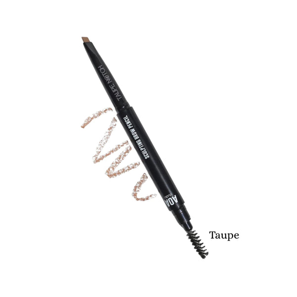Brow pencil, Taupe shade, with angled tip and spoolie brush; swatch strokes.