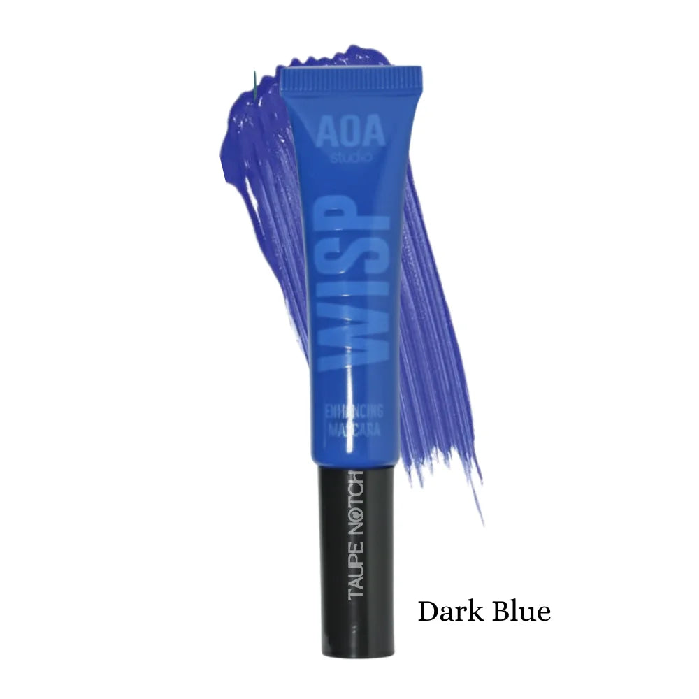 Aoa Studio Wisp color mascara in Dark Blue; tube with dark-blue smear.