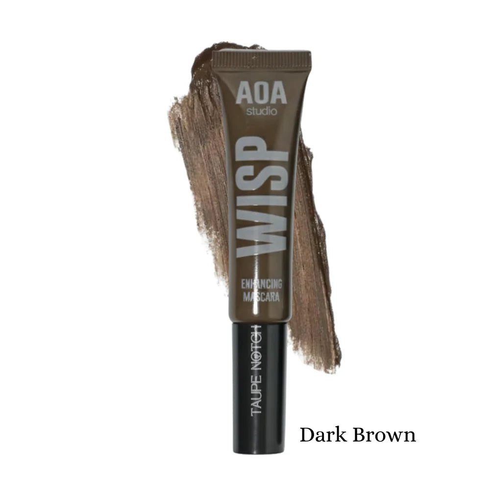 Aoa Studio Wisp color mascara in Dark Brown; tube with dark-brown smear.