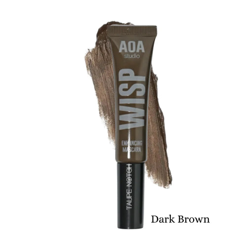 Aoa Studio Wisp color mascara in Dark Brown; tube with dark-brown smear.