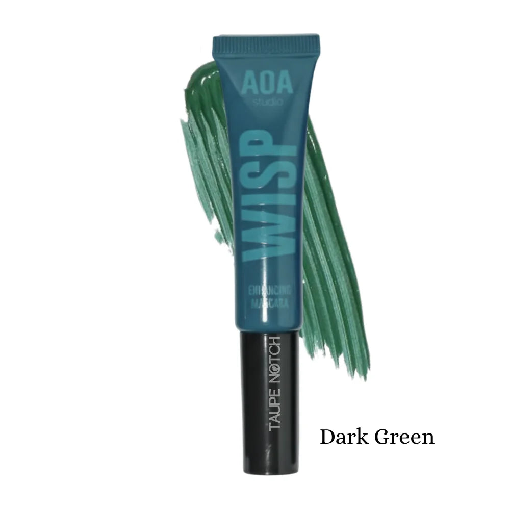 Aoa Studio Wisp color mascara in Dark Green; tube with dark-green smear.