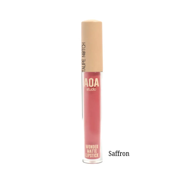 Matte liquid lipstick tube in Saffron rose-pink shade