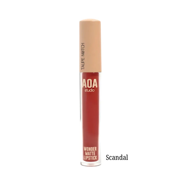 Matte liquid lipstick tube in Scandal red shade