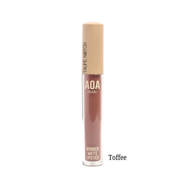 Matte liquid lipstick tube in Toffee warm brown-nude shade