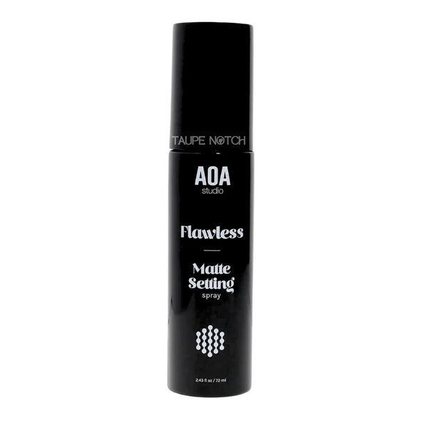 AOA matte setting spray bottle, black with white “Flawless” label