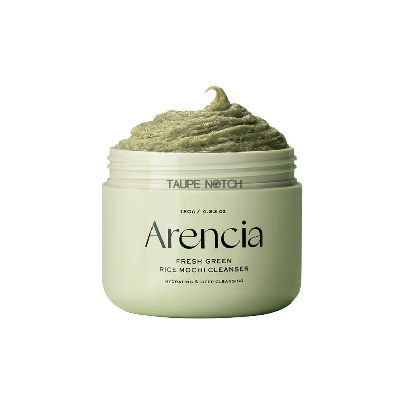 Fresh green rice mochi facial cleanser in pale green jar with textured green cream lid