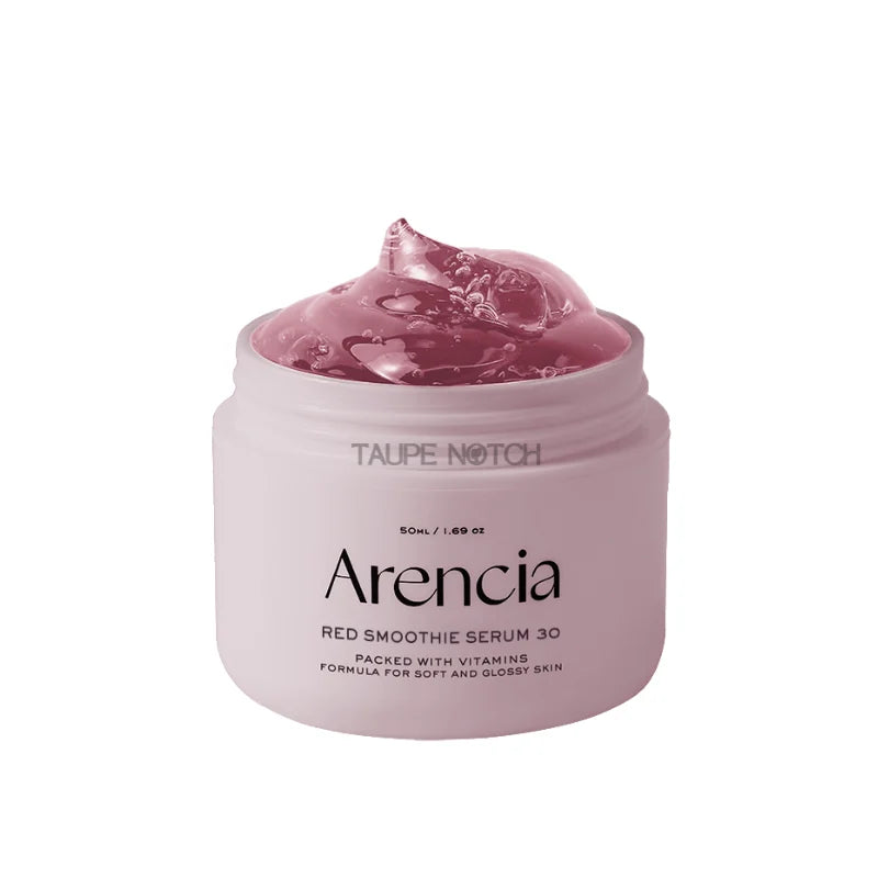 Arencia serum jar with red gel swirl on top, pink translucent container