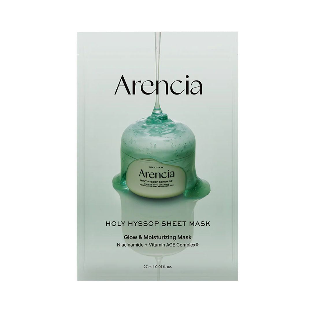 Arencia Holy Hyssop Sheet Mask packaging, featuring a mint green sheet mask illustration dripping from a jar on a pale mint green background.