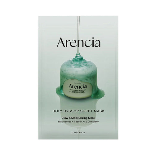 Arencia Holy Hyssop Sheet Mask packaging, featuring a mint green sheet mask illustration dripping from a jar on a pale mint green background.