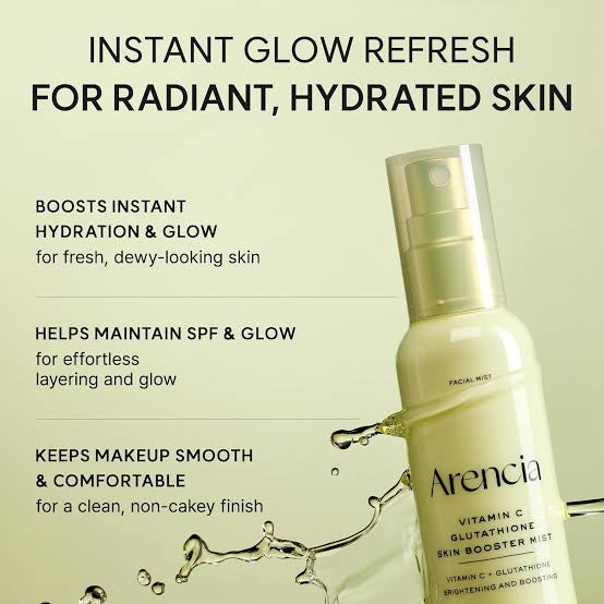 A bottle of Arencia Instant Glow Refresh Skin Booster Mist shown on a pale beige background with promotional text and a water-splash graphic.