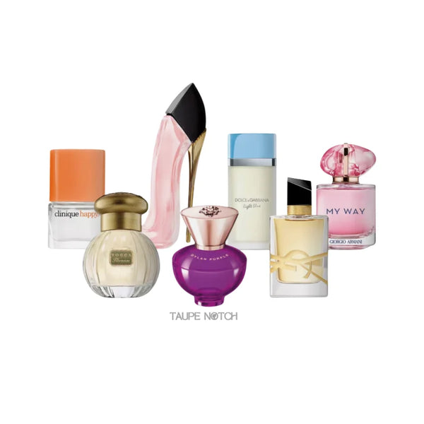 Assorted perfume bottles sampler display with five glass flacons and sprays