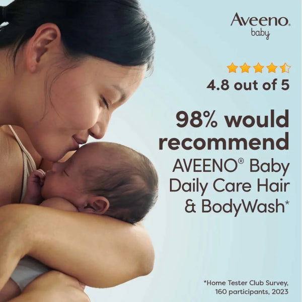 Aveeno baby hair and body wash review panel with mother holding newborn