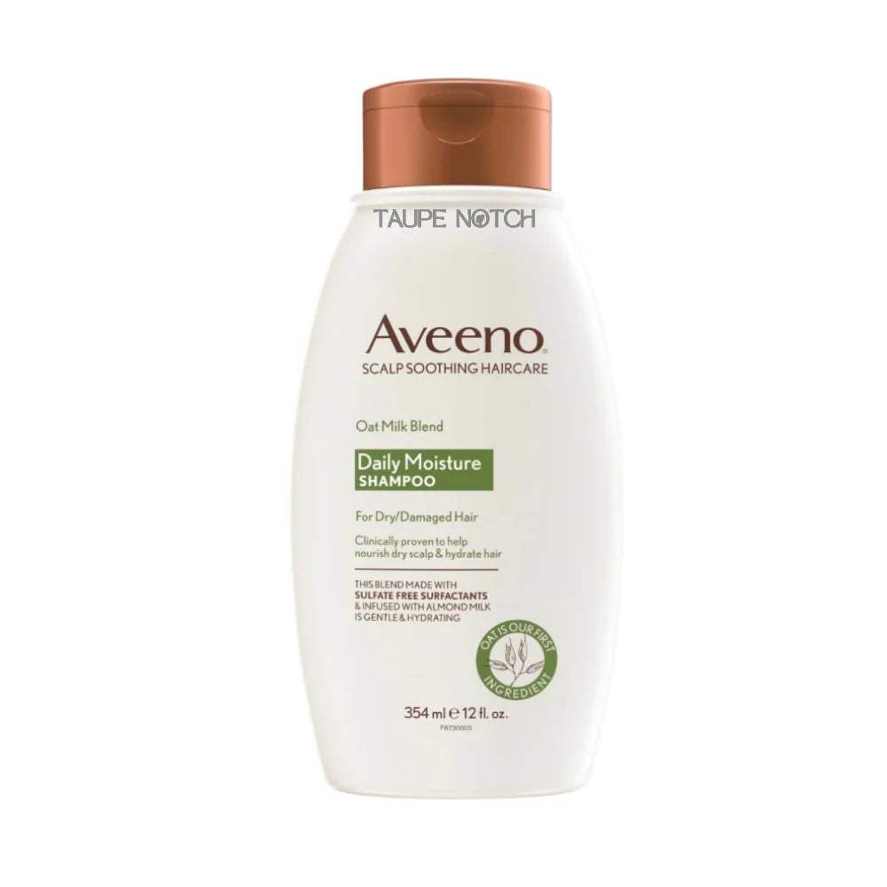 Aveeno oat milk blend daily moisture shampoo bottle, white with copper cap, 354 ml