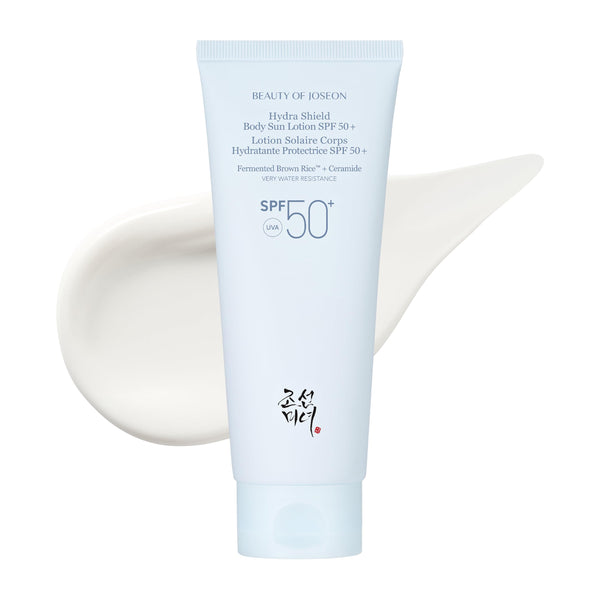 Beauty of Joseon Hydra Shield body sunscreen lotion SPF50+ tube with white lotion smear