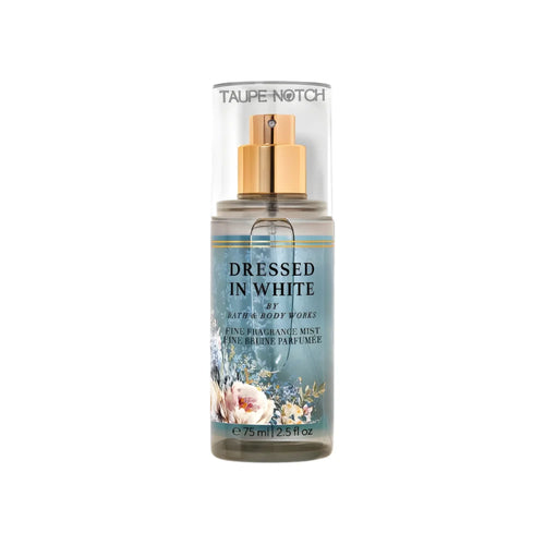 Travel size fragrance mist bottle, blue floral label, gold spray pump, 75 ml