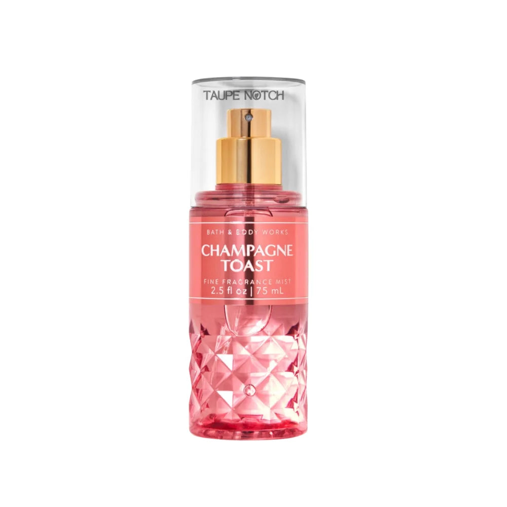Champagne Toast fragrance mist bottle with gold pump, pink liquid, 75 ml