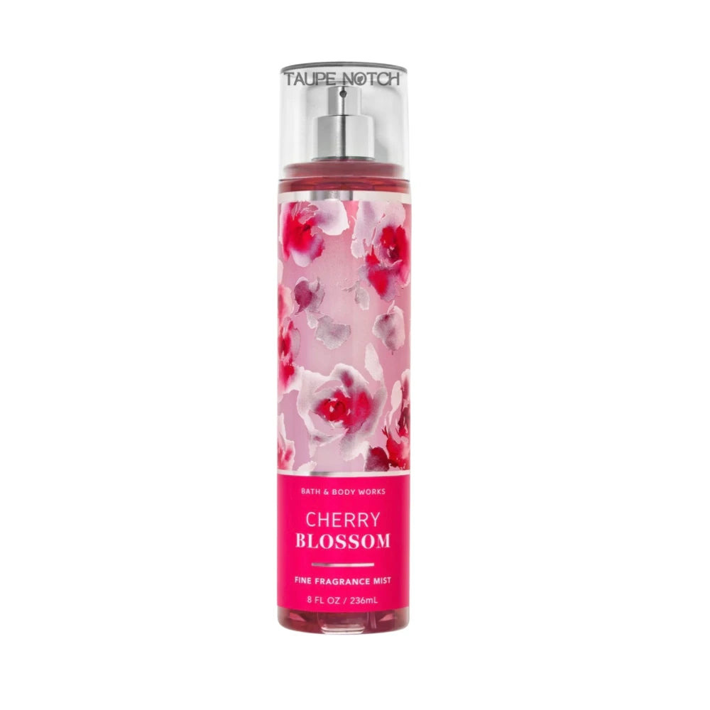 Cherry Blossom fine fragrance mist bottle, pink with floral print and silver pump cap