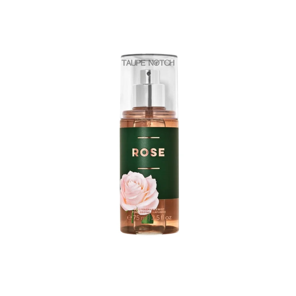 Rose travel fragrance mist bottle, green glass with gold cap and rose graphic