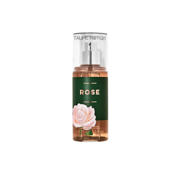 Rose travel fragrance mist bottle, green glass with gold cap and rose graphic