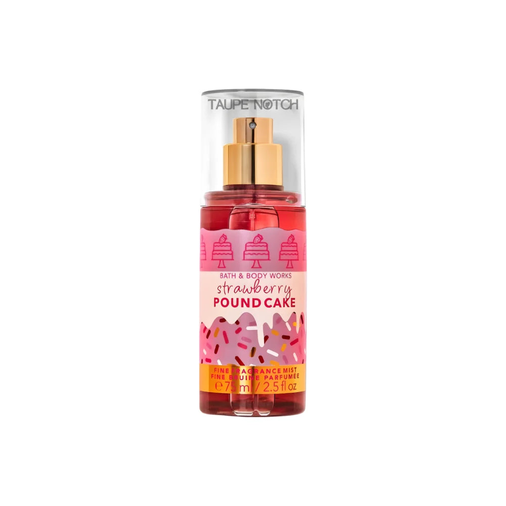 Travel-size fine fragrance mist bottle with red liquid and gold spray cap