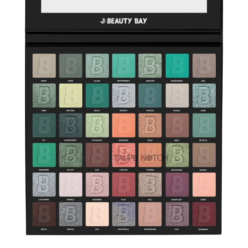 Beauty Bay Botanical 42 colour palette with assorted eyeshadow pans, greens to neutrals