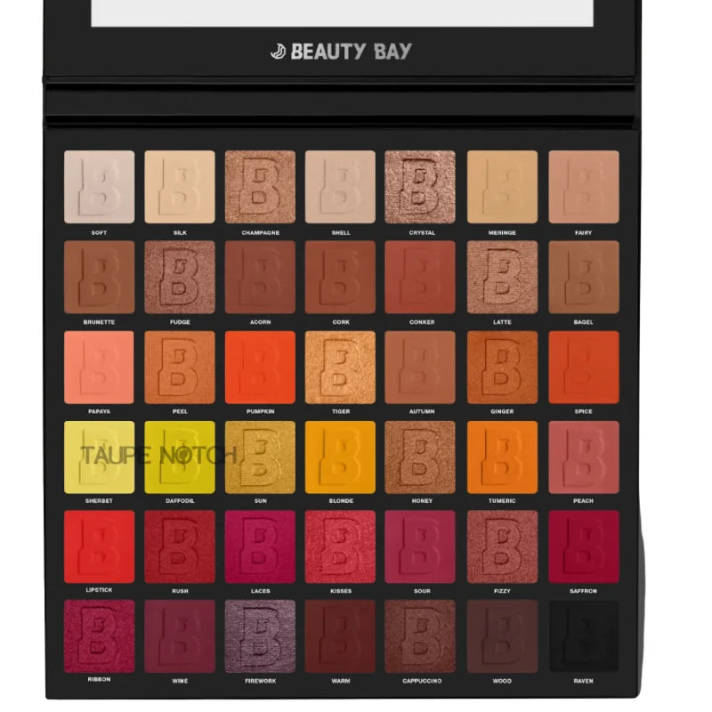 Beauty Bay eyeshadow palette with 42 color pans in fiery warm shades