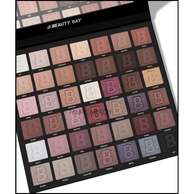 Neutral 42-pan eyeshadow palette open, grid of matte and shimmer nude-brown shades