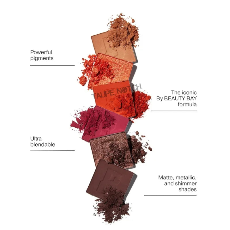 Eyeshadow palette shades stacked, featuring matte, metallic, and shimmer finishes
