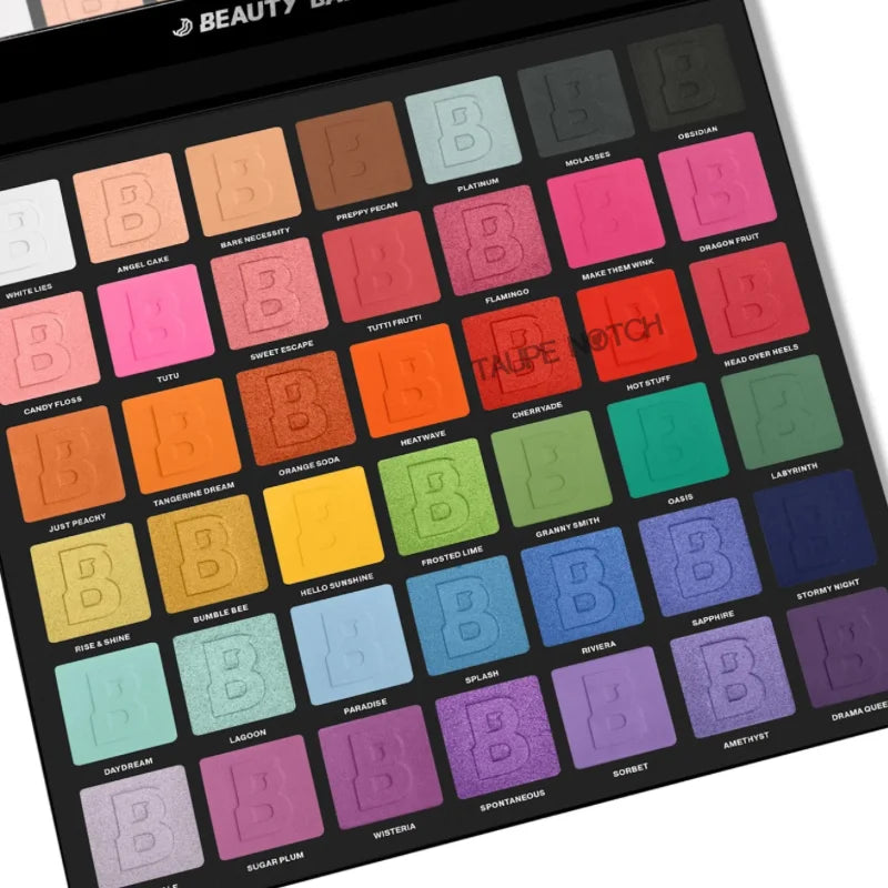 Beauty Bay Bright 42 eyeshadow palette, colorful pan grid in open case