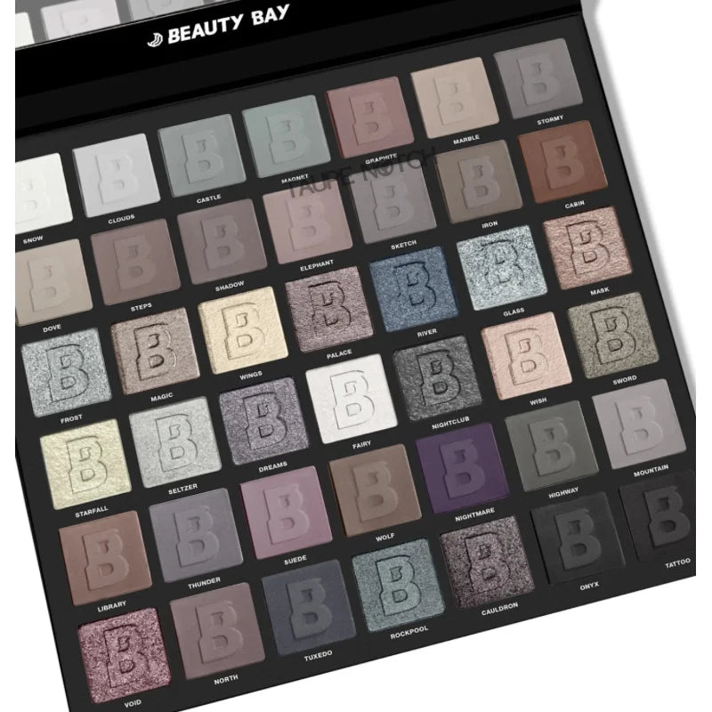 Beauty Bay Smoky 42 colour palette shown at an angle, 42 pan eyeshadows