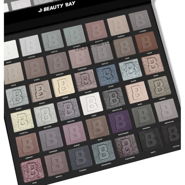 Beauty Bay Smoky 42 colour palette shown at an angle, 42 pan eyeshadows