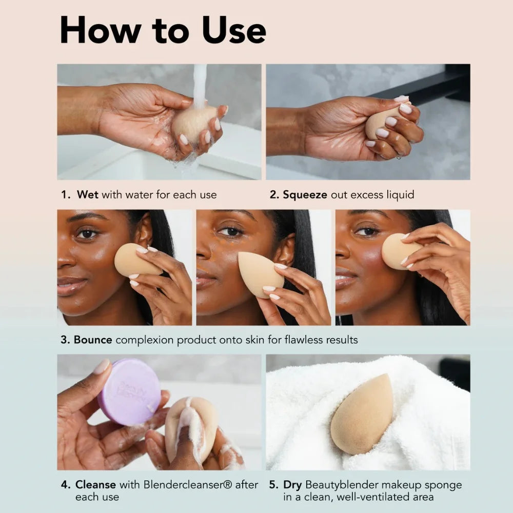 Beautyblender Original makeup sponge, cream teardrop sponge held in hand for blending