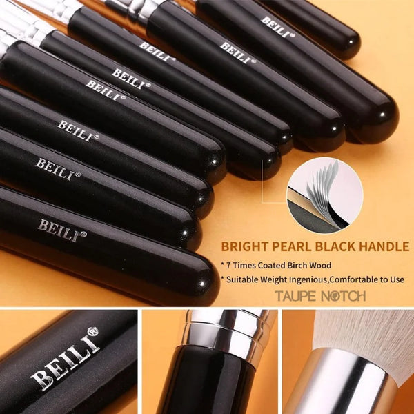 Makeup brush set close-up: black handles with silver ferrules and dense bristle heads